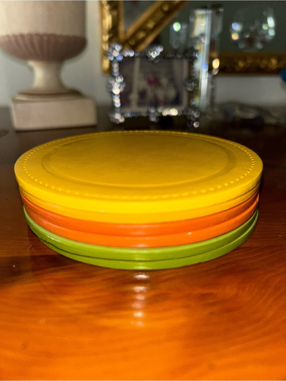 Crate & Barrel 6 Leather Coasters Yellow, Orange, Green 4x4